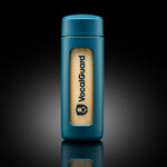 VocalGuard Glass Bottle — teal bottle packshot on dark reflective glass.
