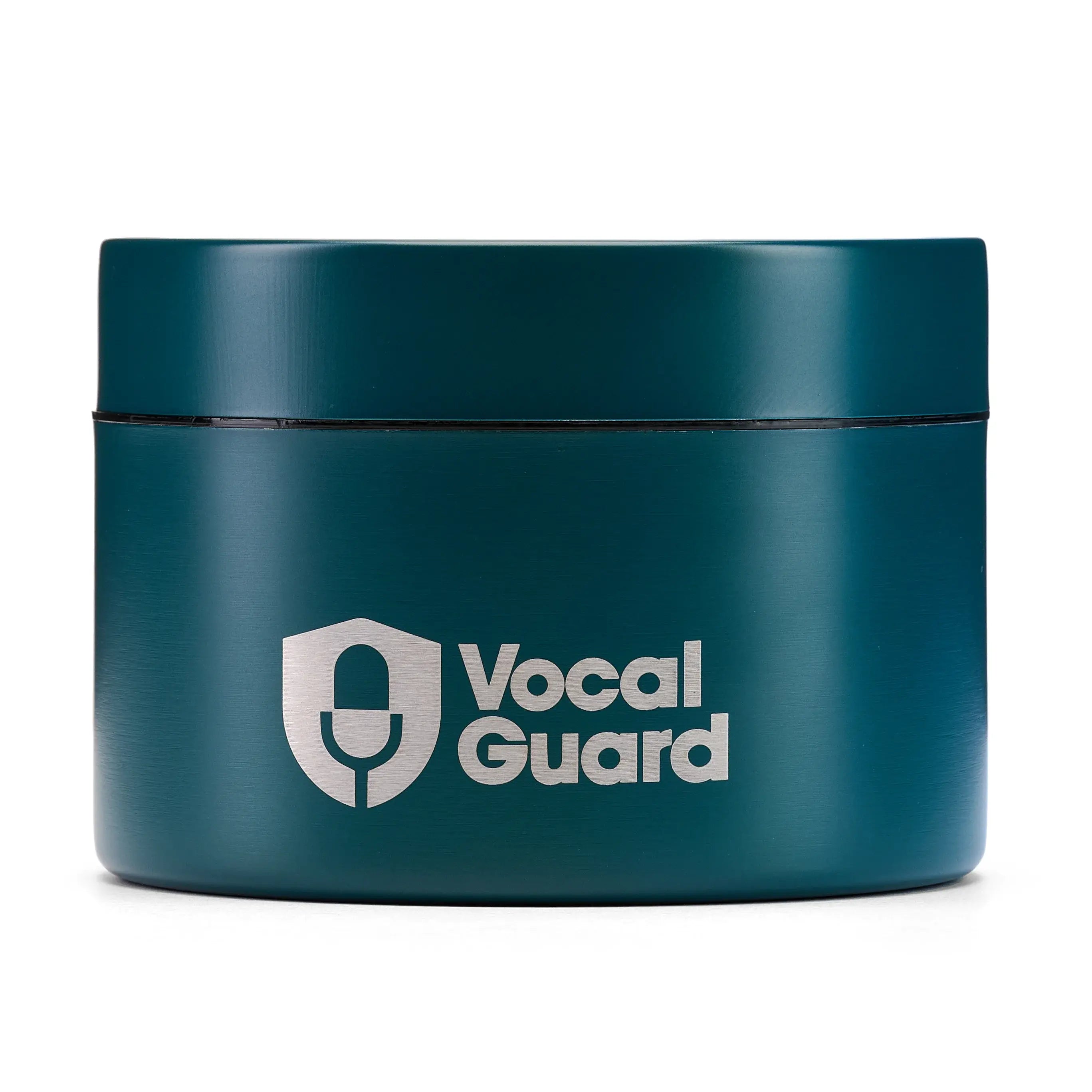 VocalGuard Vault — teal powder container, studio packshot on white.