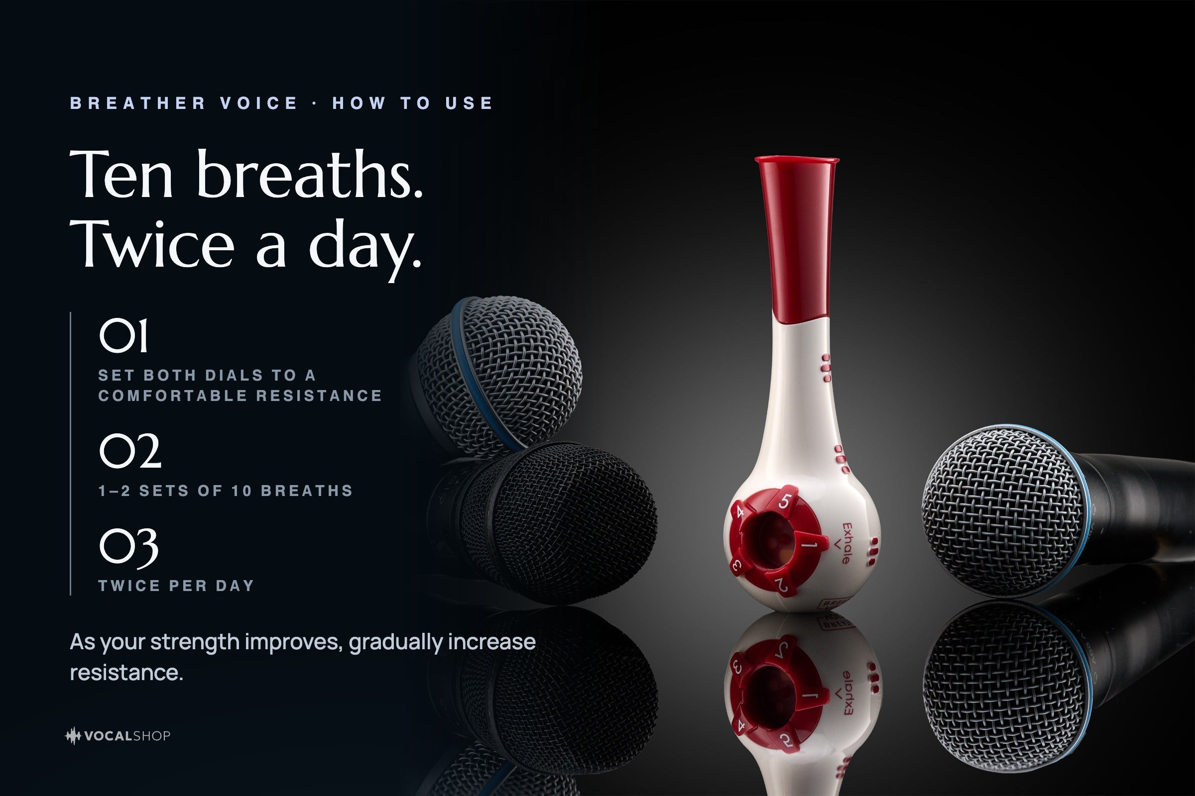 Breather Voice — how to use: set both dials, 1-2 sets of 10 breaths, twice per day.
