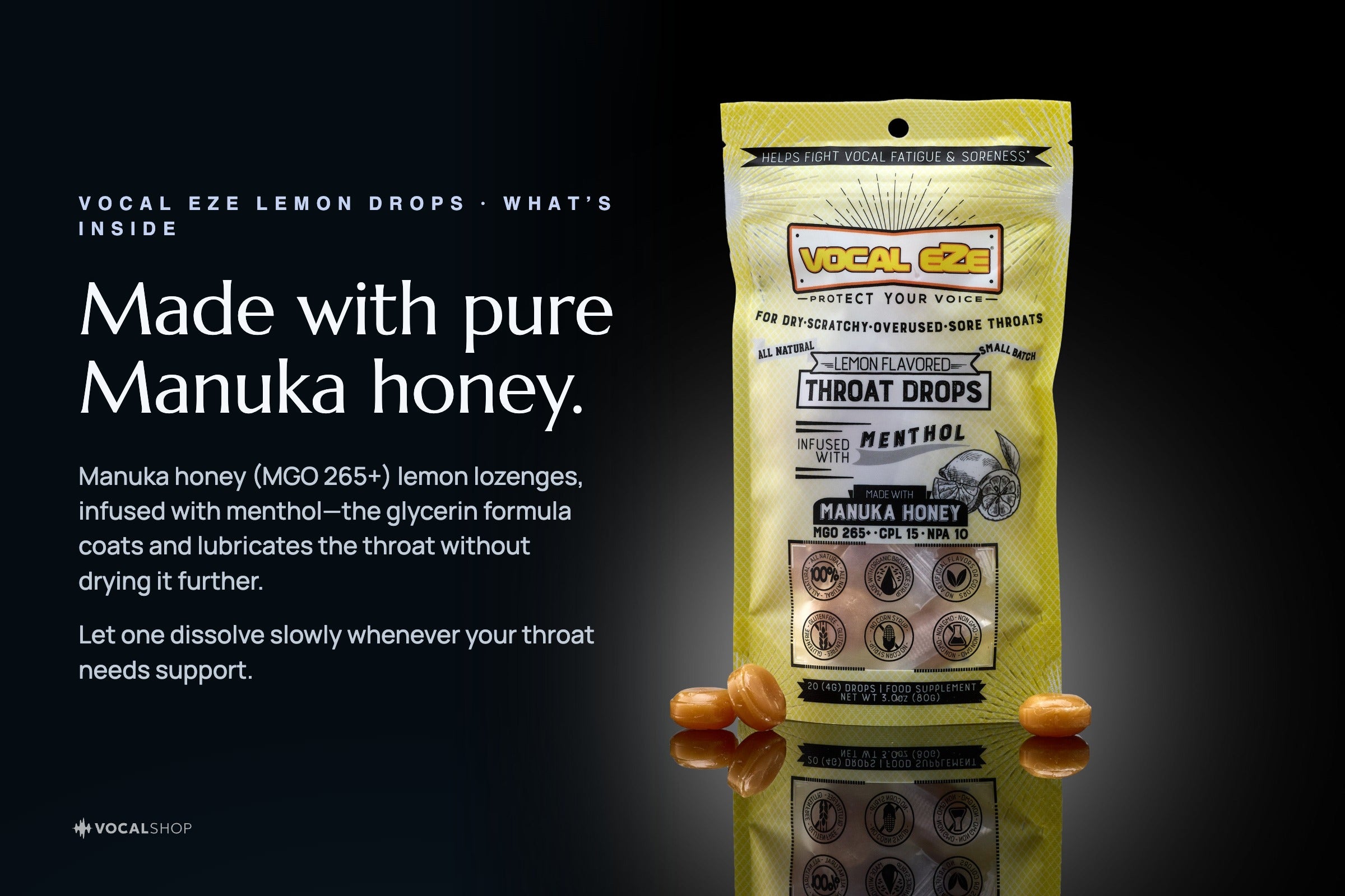 Vocal Eze Lemon Drops — made with pure Manuka honey (MGO 265+), infused with menthol.