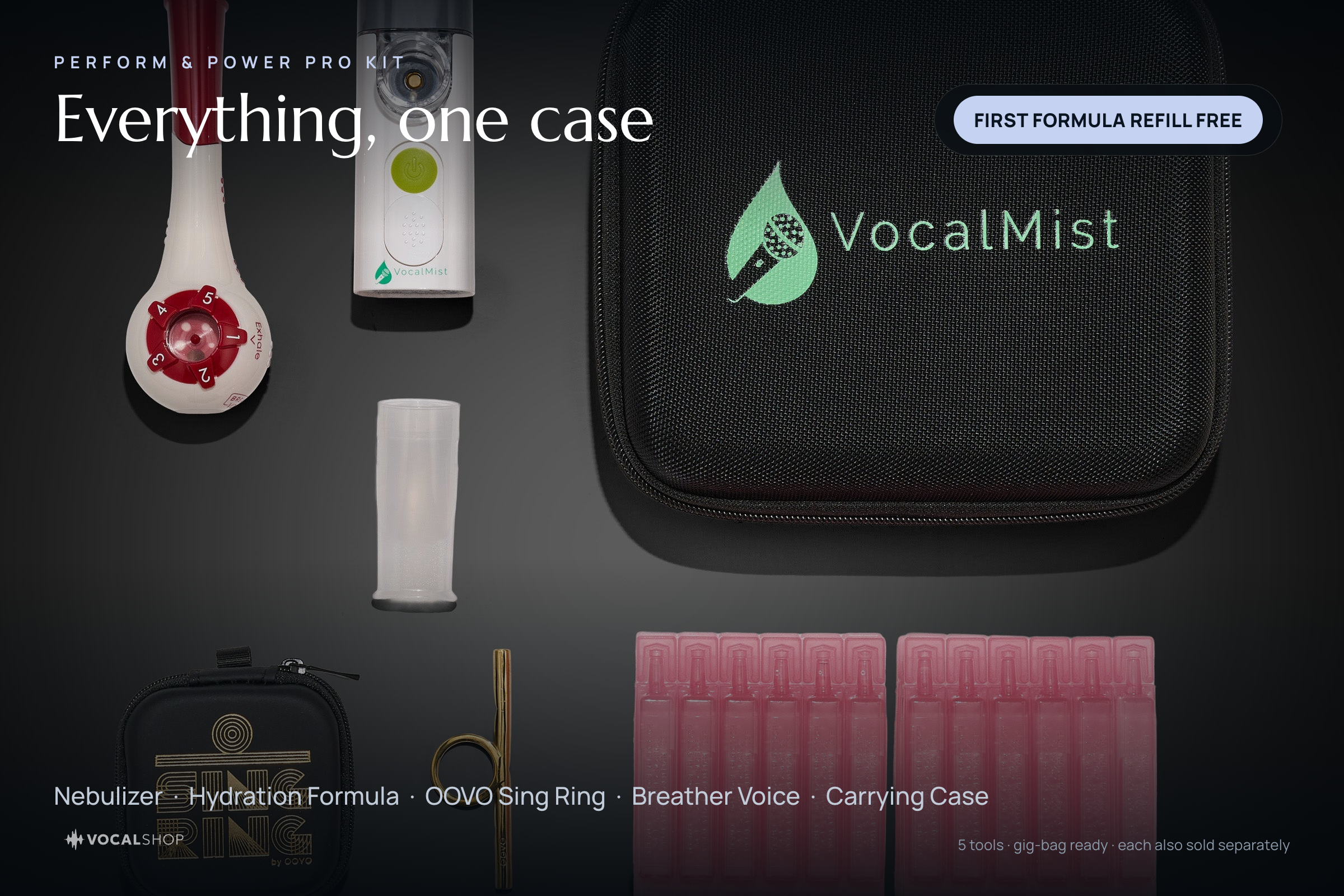 Perform & Power Pro Kit — what's inside: Nebulizer, Hydration Formula, OOVO Sing Ring, Breather Voice, Carrying Case