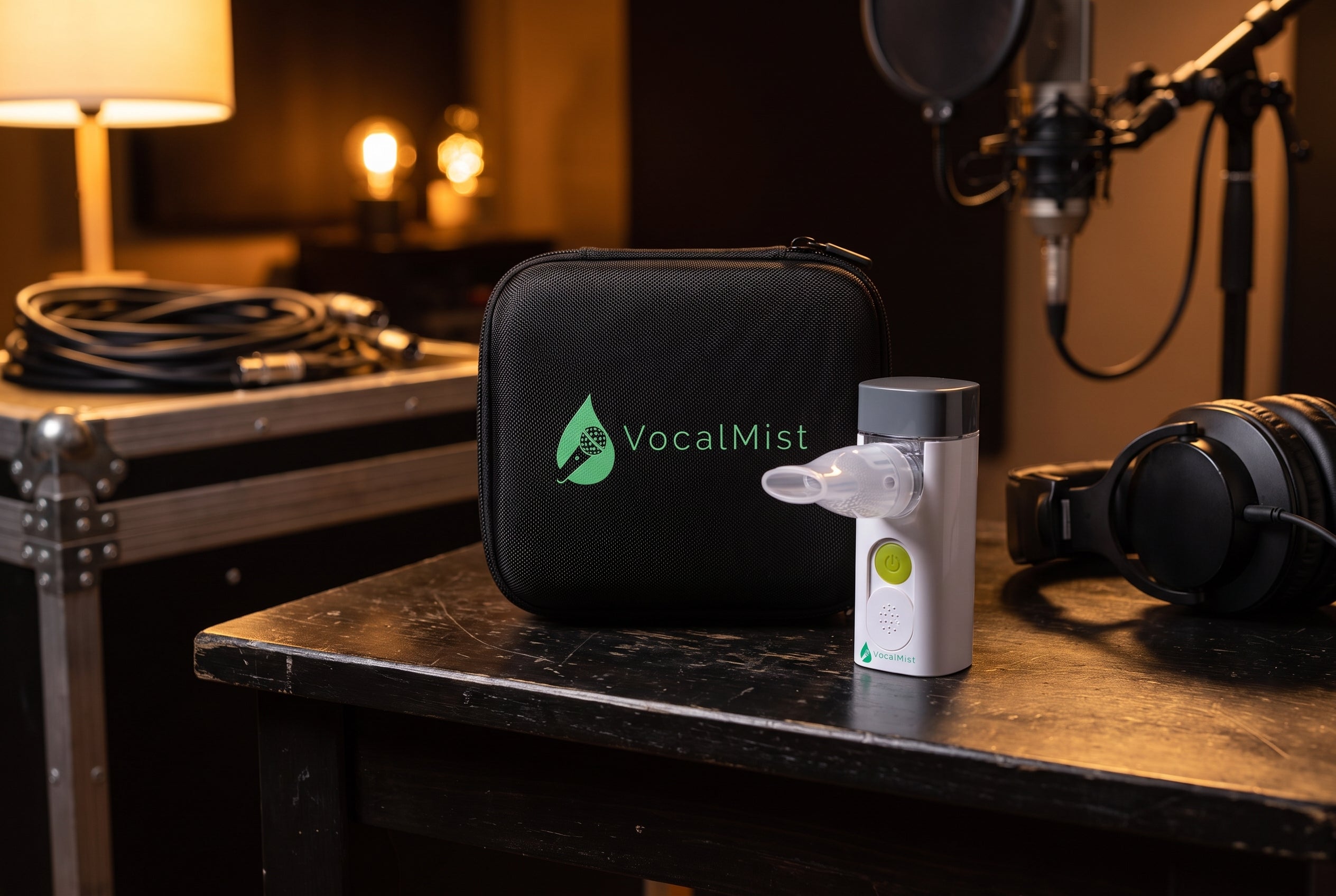 VocalMist carrying case and portable nebulizer on a studio side table.