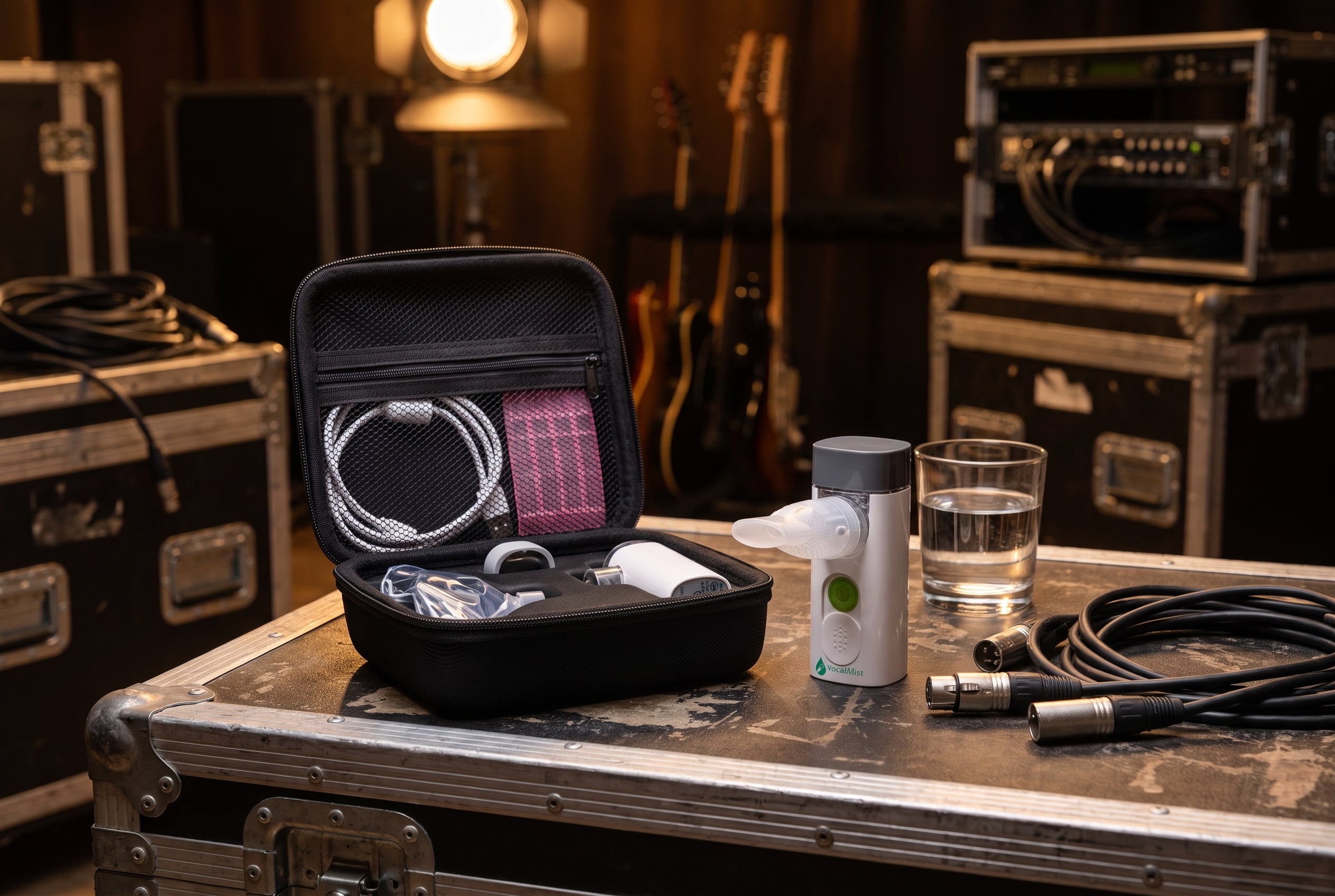 VocalMist carrying case open on a road case backstage with the portable nebulizer standing beside it.