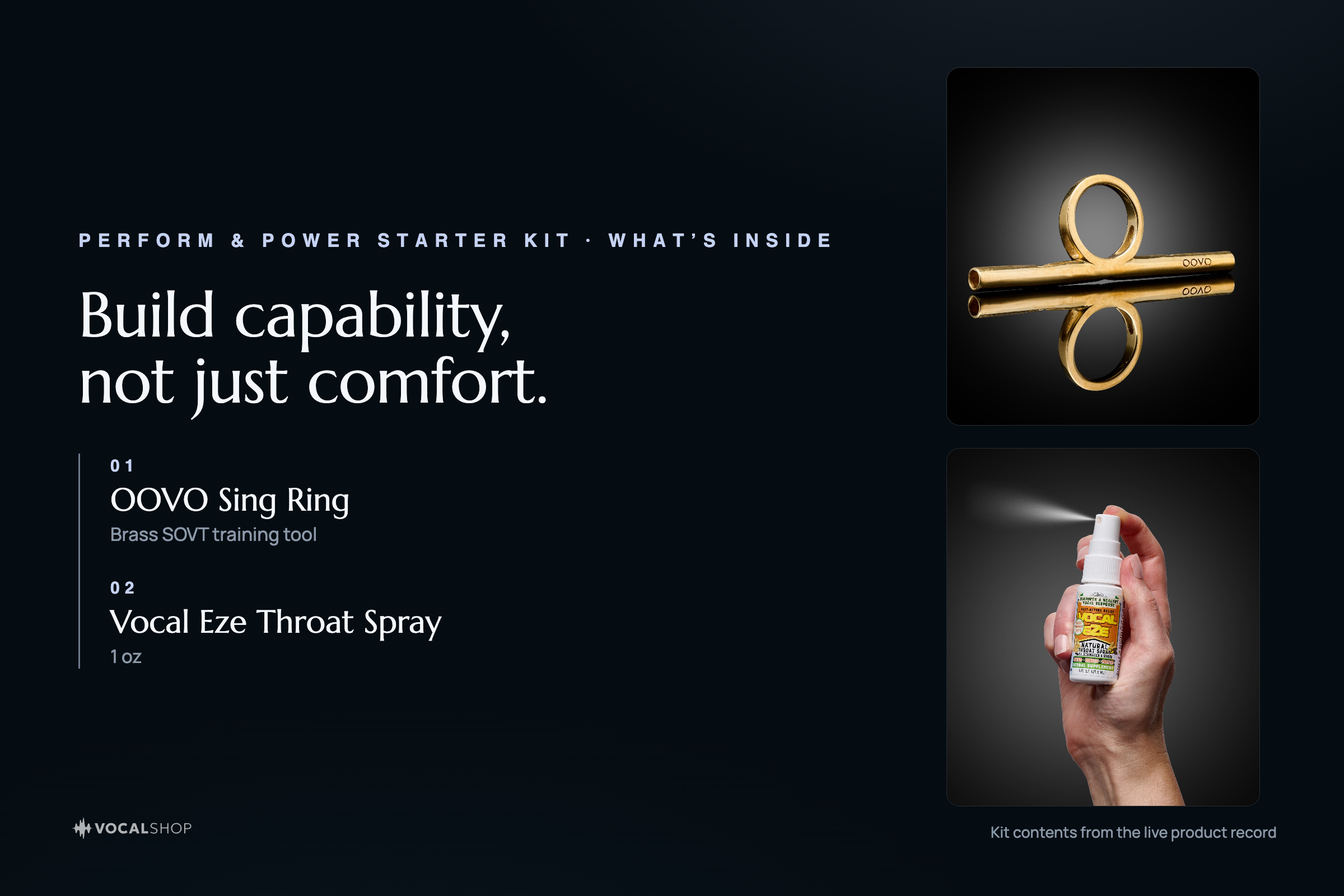 Perform & Power Starter Kit — what’s inside: OOVO Sing Ring and Vocal Eze Throat Spray (1 oz).