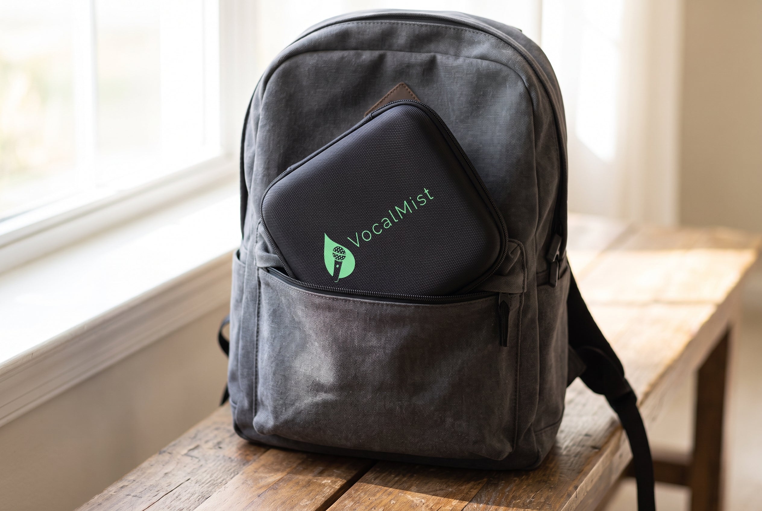 VocalMist carrying case tucked into a backpack pocket in soft daylight.