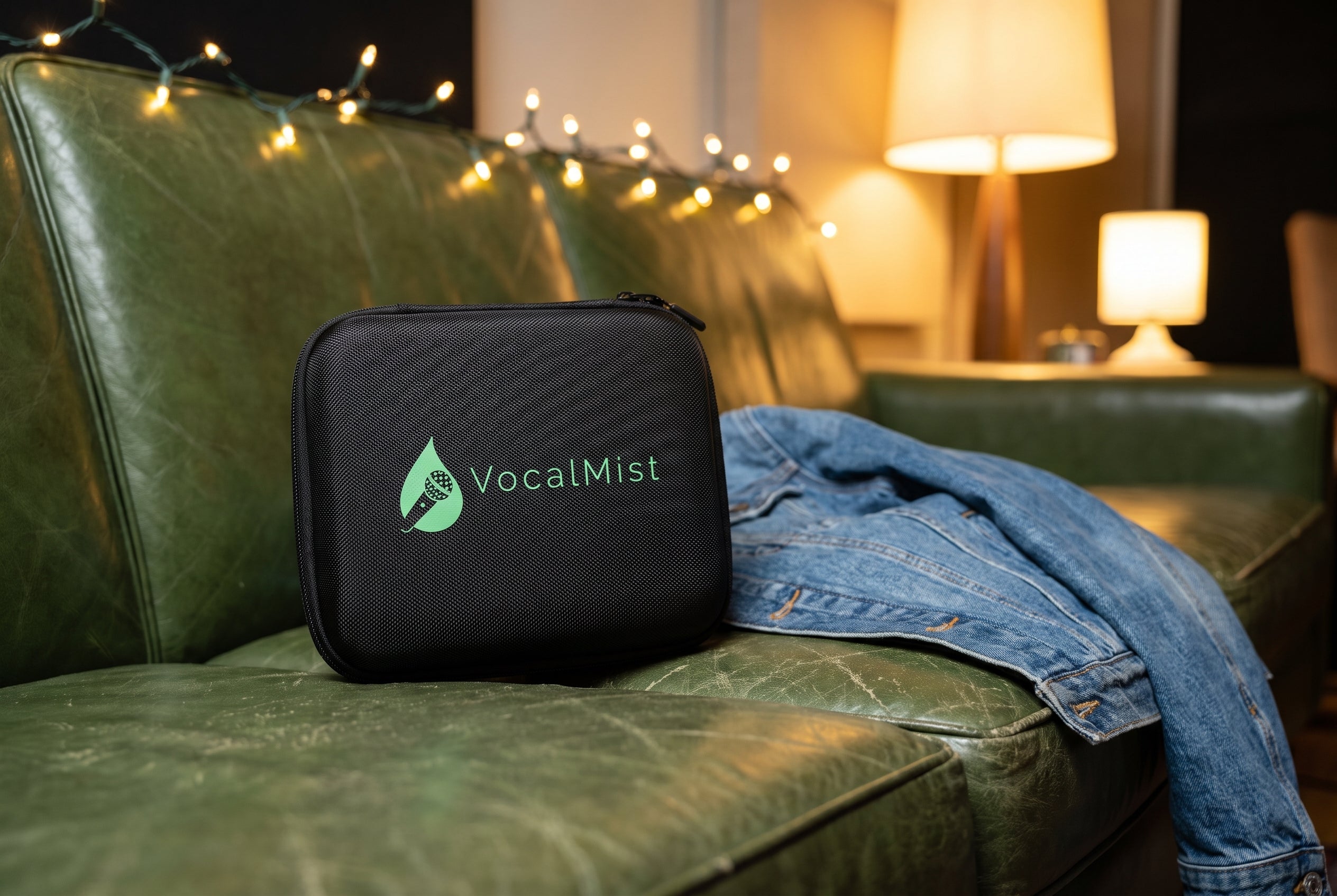 VocalMist carrying case on a green-room sofa before a show.