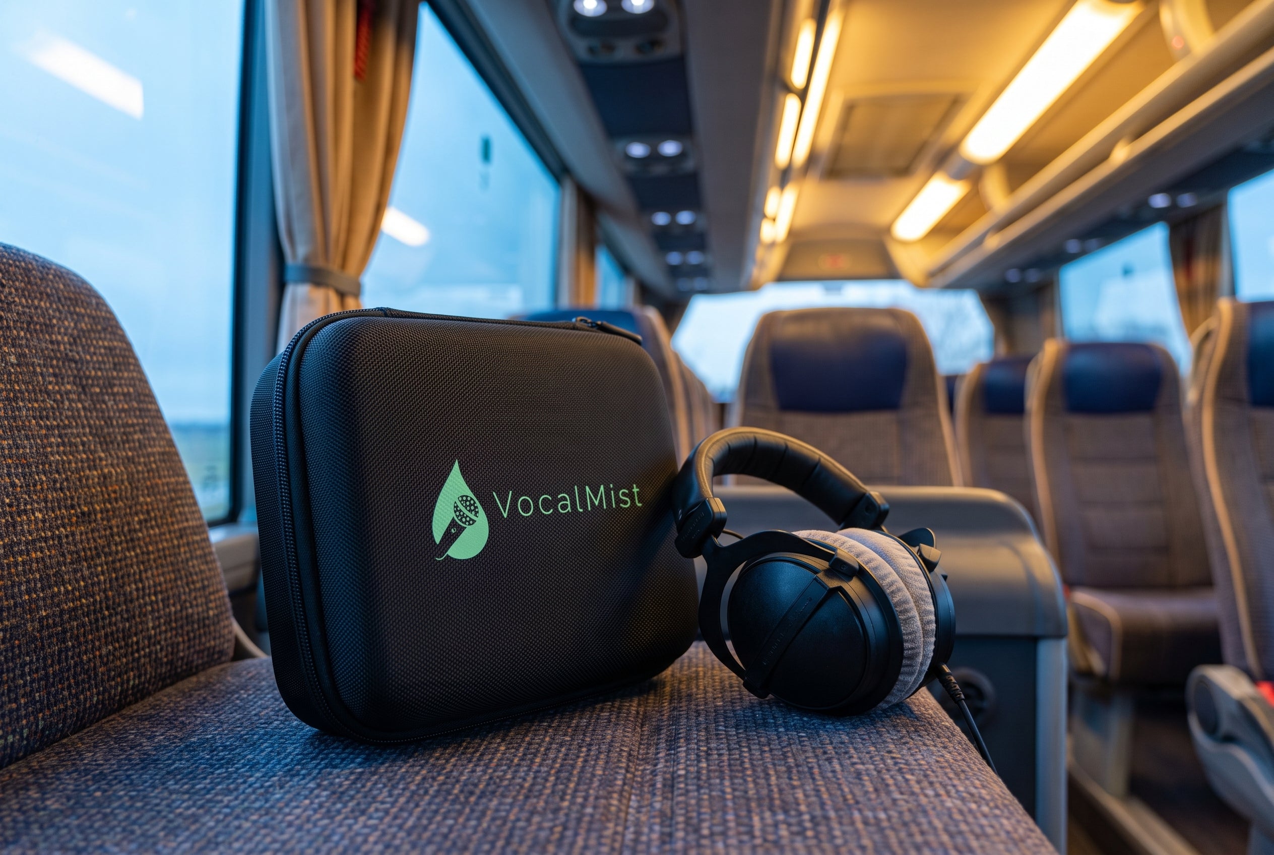 VocalMist carrying case on a tour-bus seat beside headphones.
