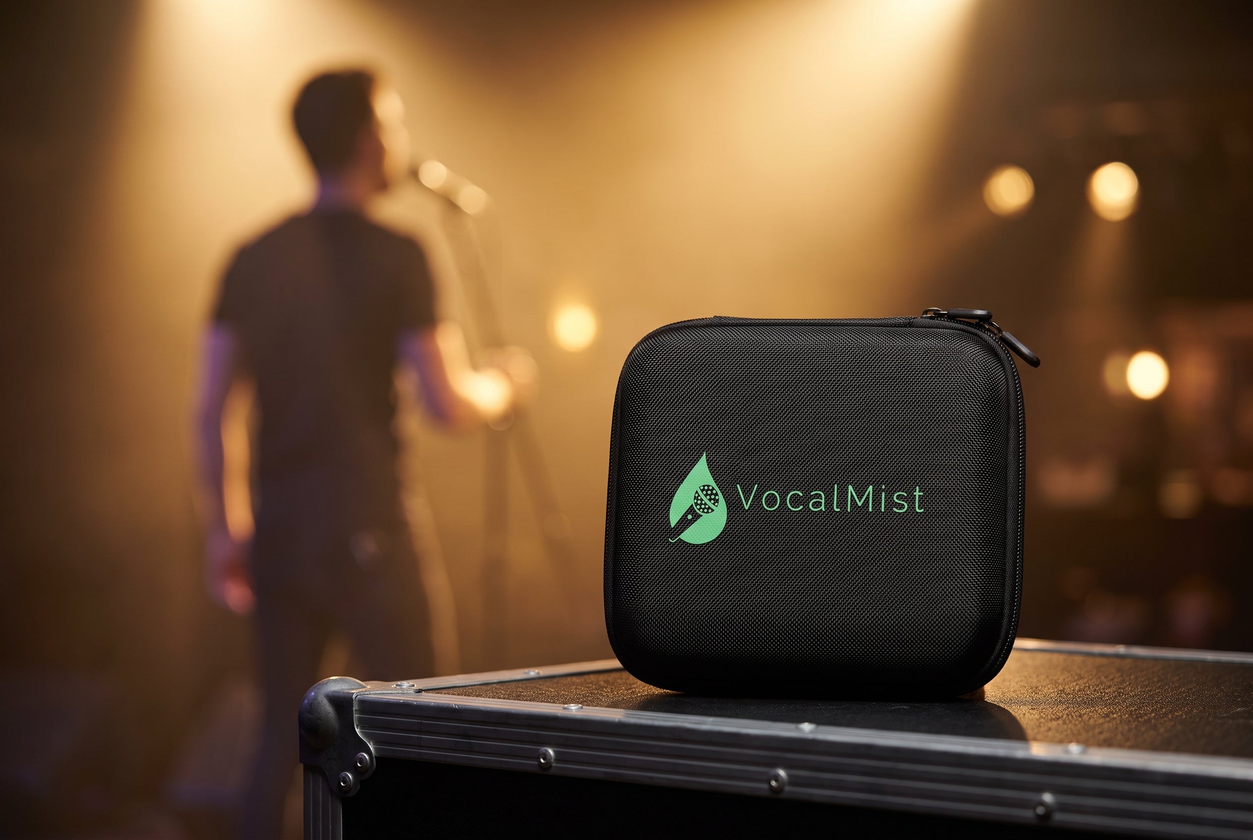 VocalMist carrying case on a road case while a singer rehearses at a microphone behind.