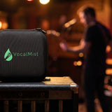 VocalMist carrying case on a guitar amp during rehearsal, guitarist in the background.