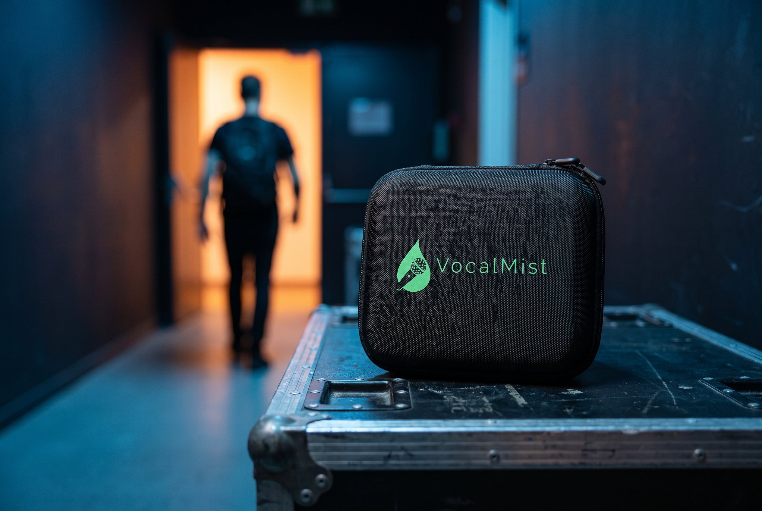 VocalMist carrying case on a flight case in a venue corridor.