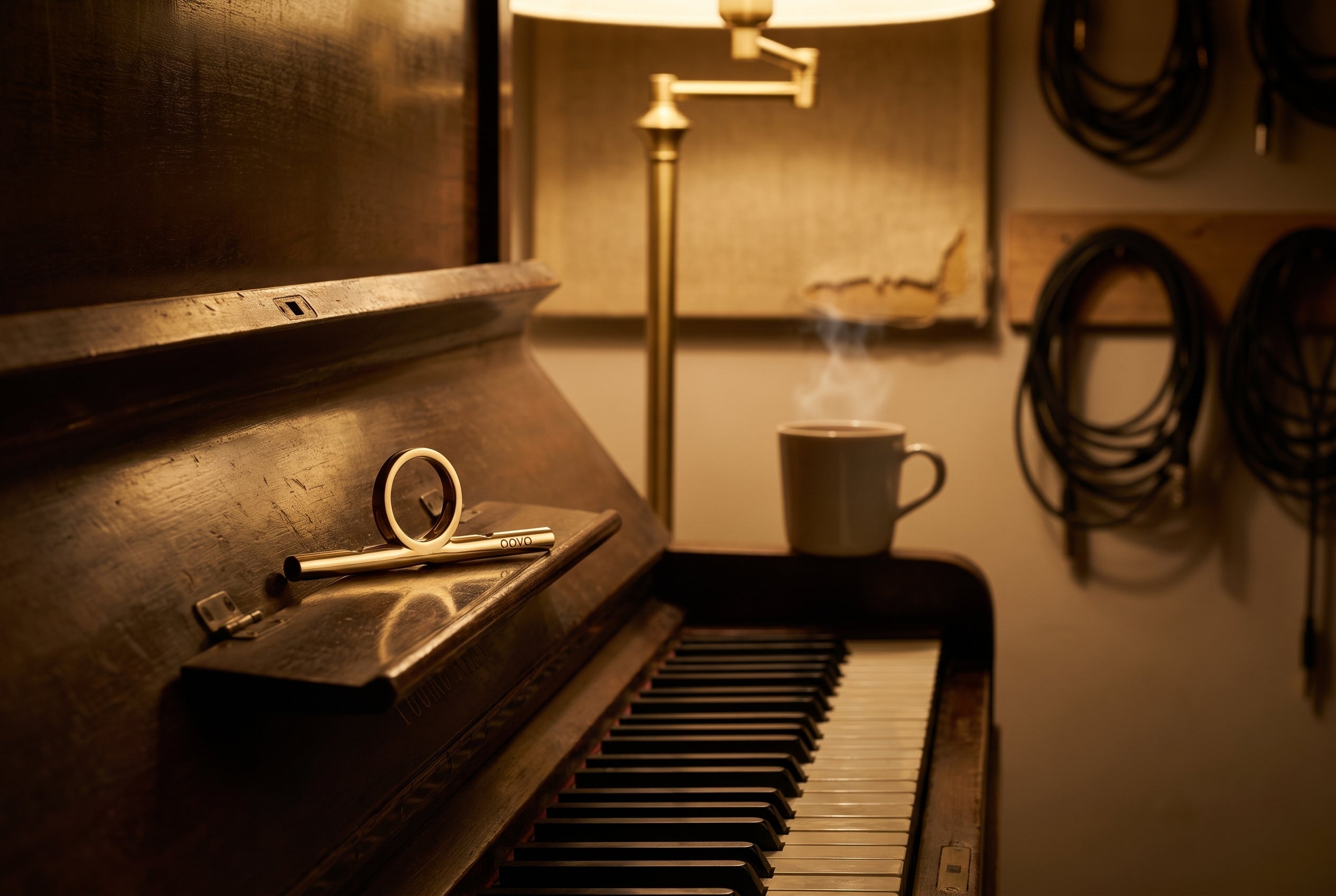OOVO Sing Ring on a piano music ledge in a warm voice studio.