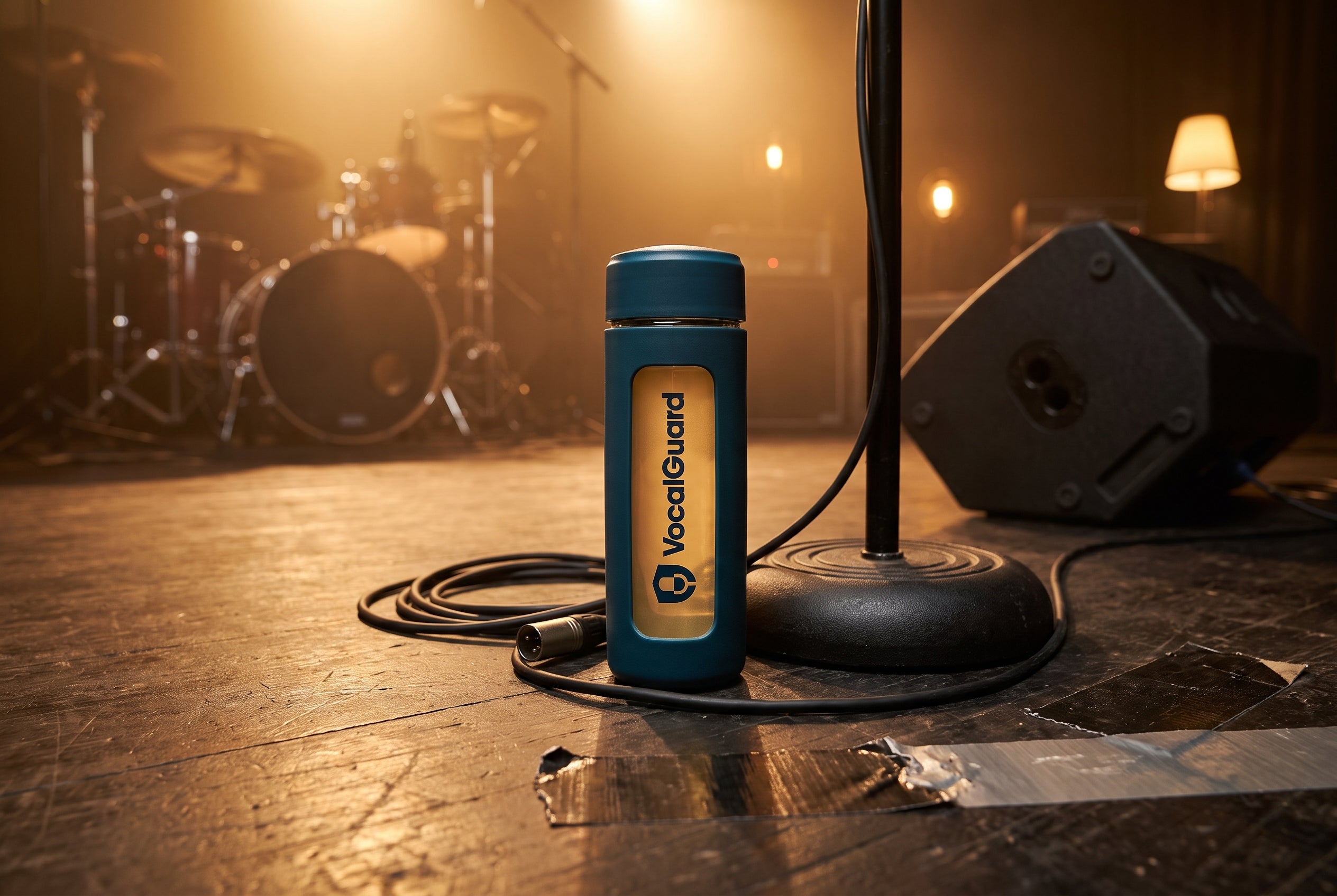 VocalGuard glass bottle on stage beside a microphone stand at soundcheck.