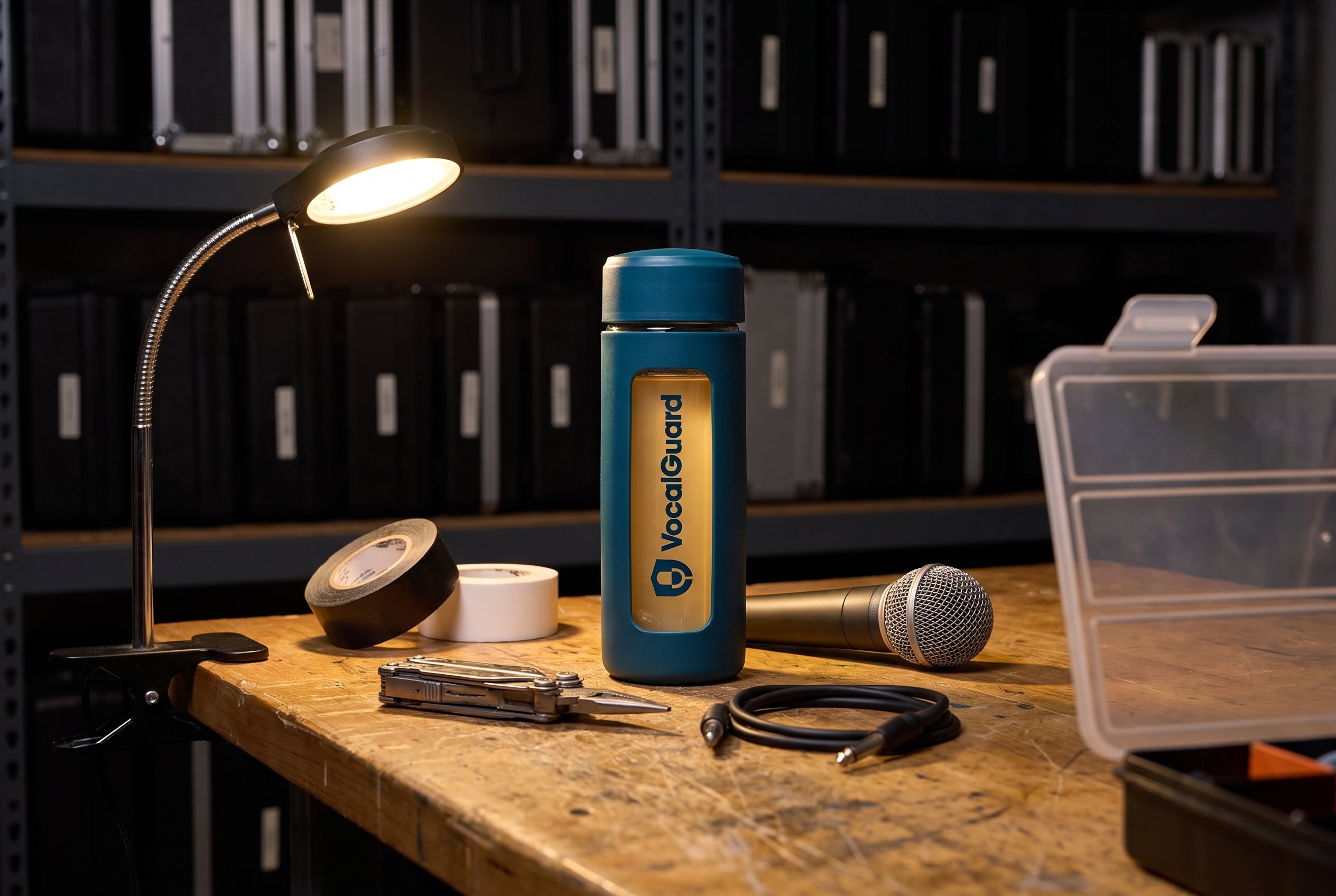 VocalGuard glass bottle on a backline workbench under a work light.