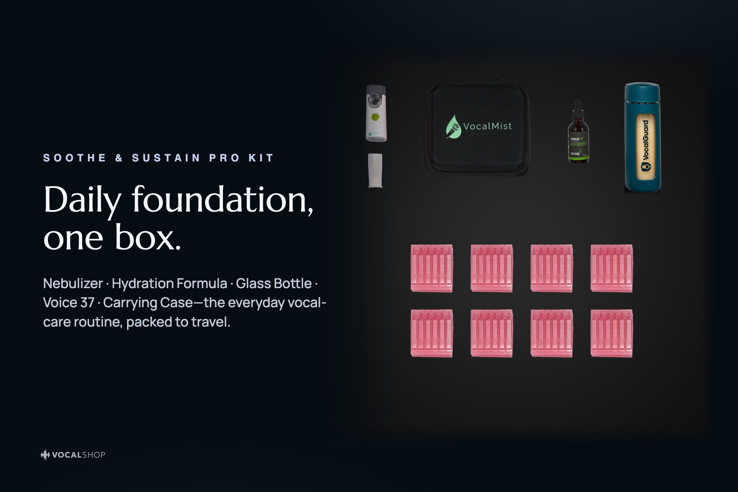 Soothe & Sustain Pro Kit — daily foundation, one box: nebulizer, Hydration Formula, Glass Bottle, Voice37 and carrying case.