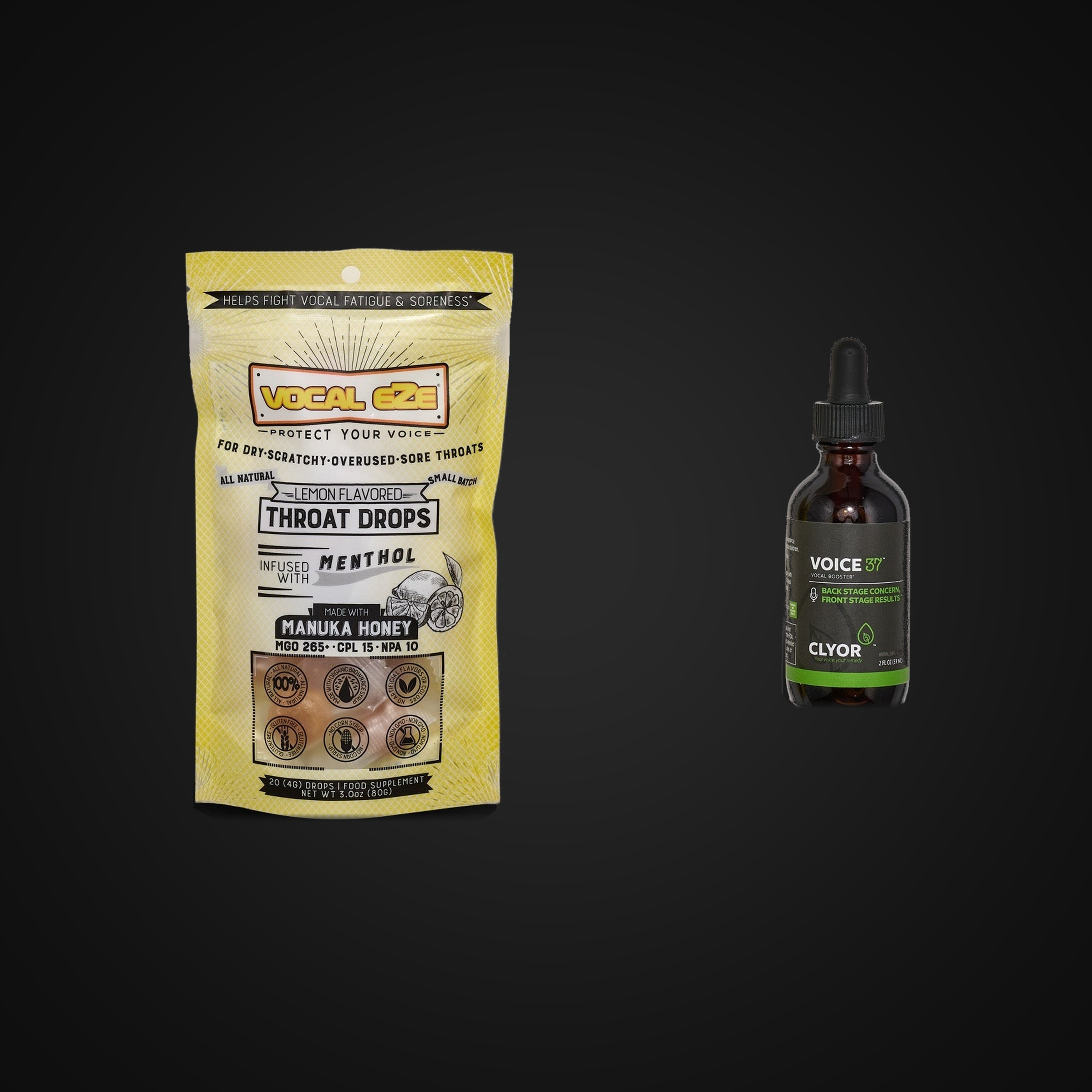 Soothe & Sustain Starter Kit — Vocal Eze Manuka honey lemon throat drops and Clyor Voice37.