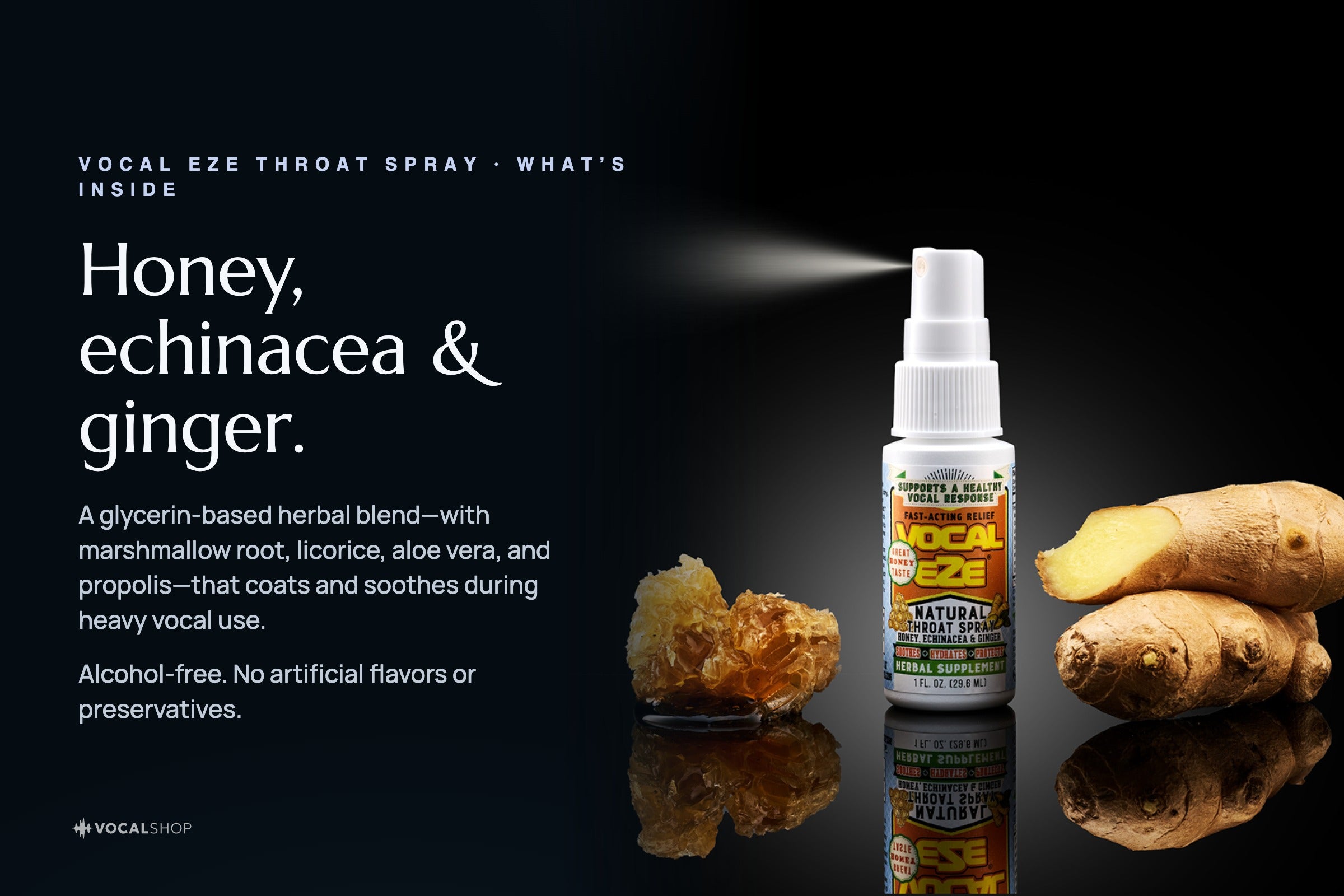Vocal Eze Throat Spray — honey, echinacea and ginger herbal blend, alcohol-free.