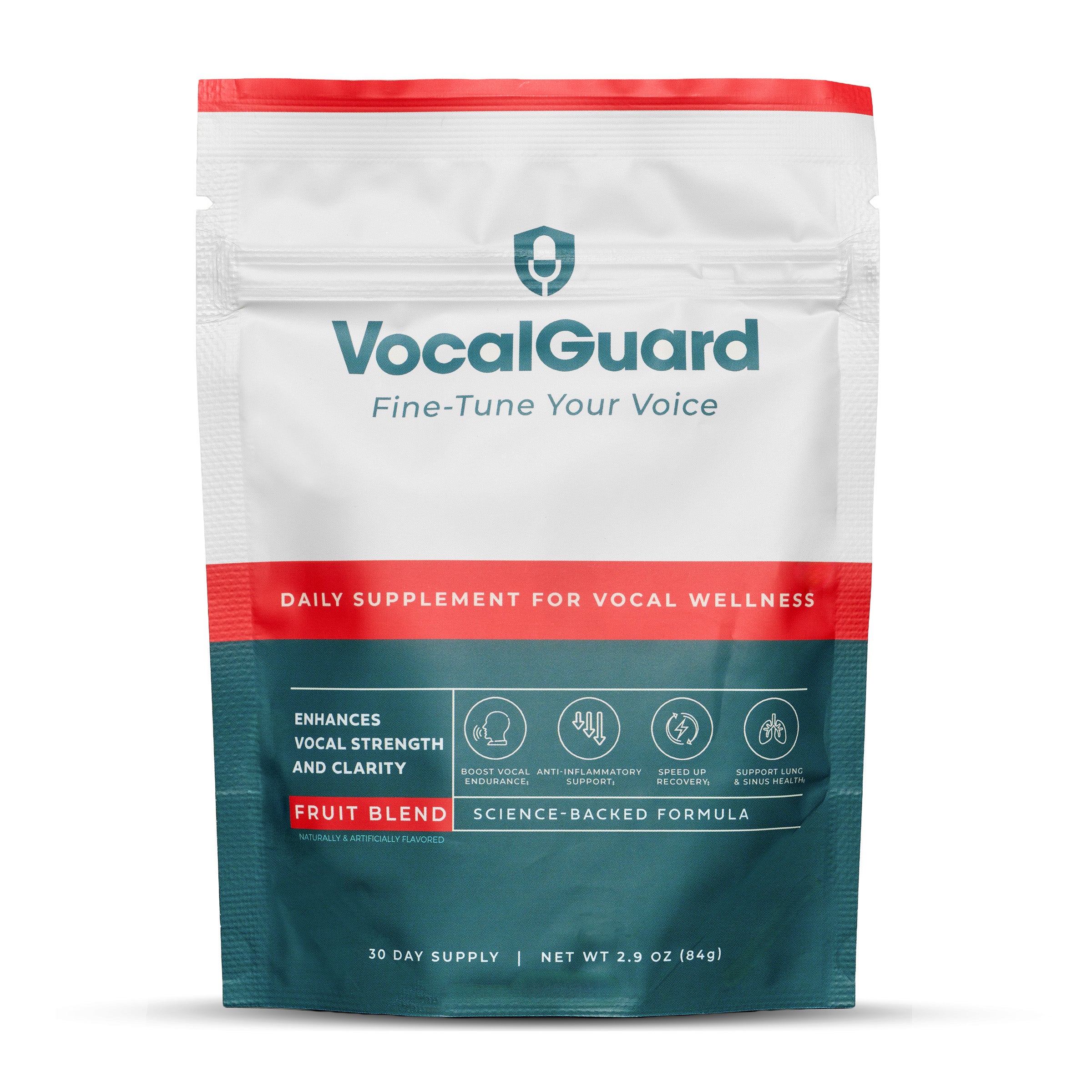 VocalGuard Fruit Blend powder pouch — front packshot, 30-day supply.