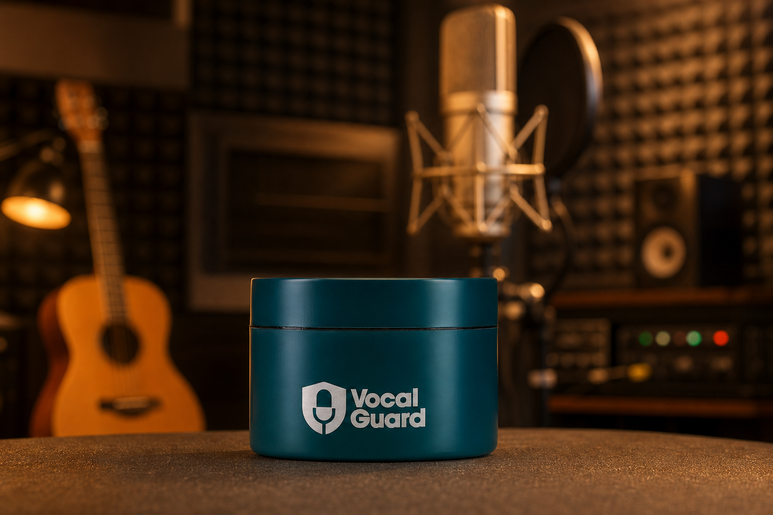 VocalGuard Vault tub with silver logo in a warm recording studio.