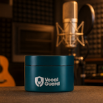 VocalGuard Vault tub with silver logo in a warm recording studio.