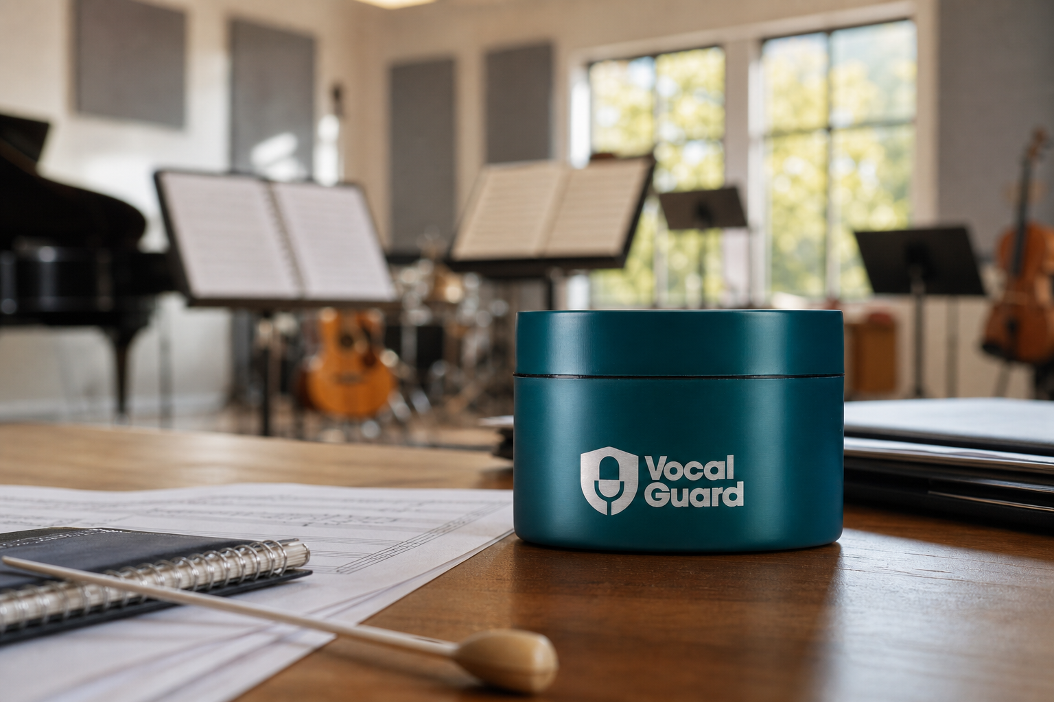 Teal VocalGuard Vault storage tub on a bright rehearsal-room table.