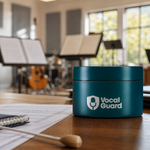 Teal VocalGuard Vault storage tub on a bright rehearsal-room table.