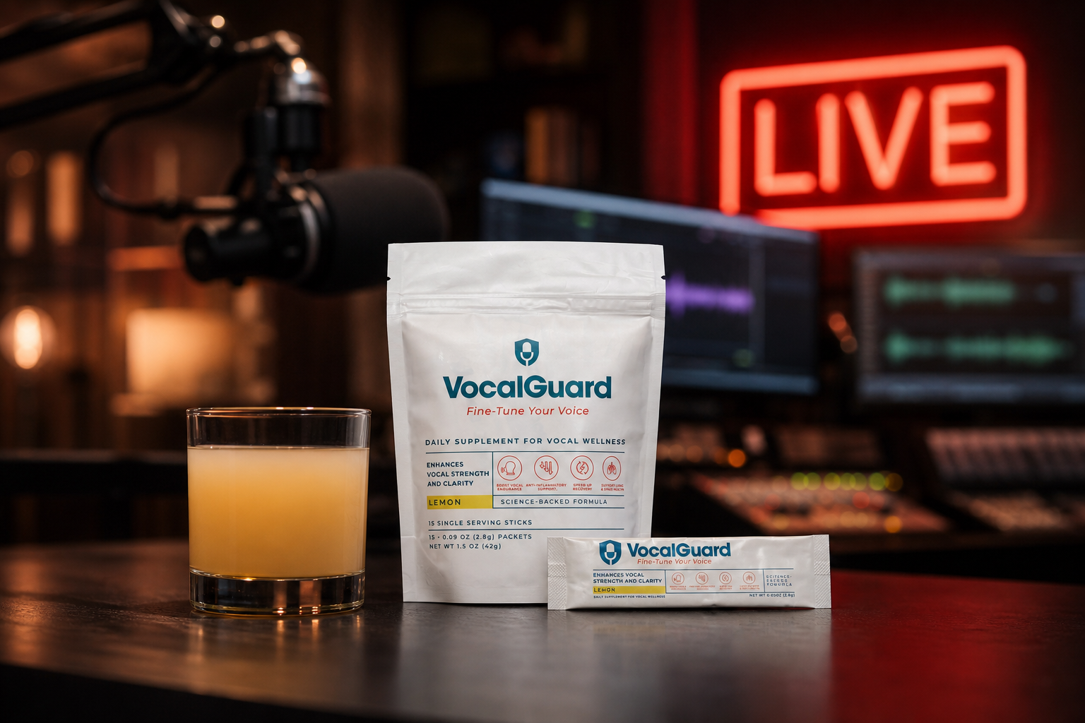 VocalGuard supplement pouch and stick pack in a live broadcast studio.