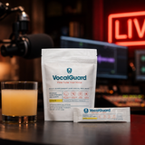 VocalGuard supplement pouch and stick pack in a live broadcast studio.