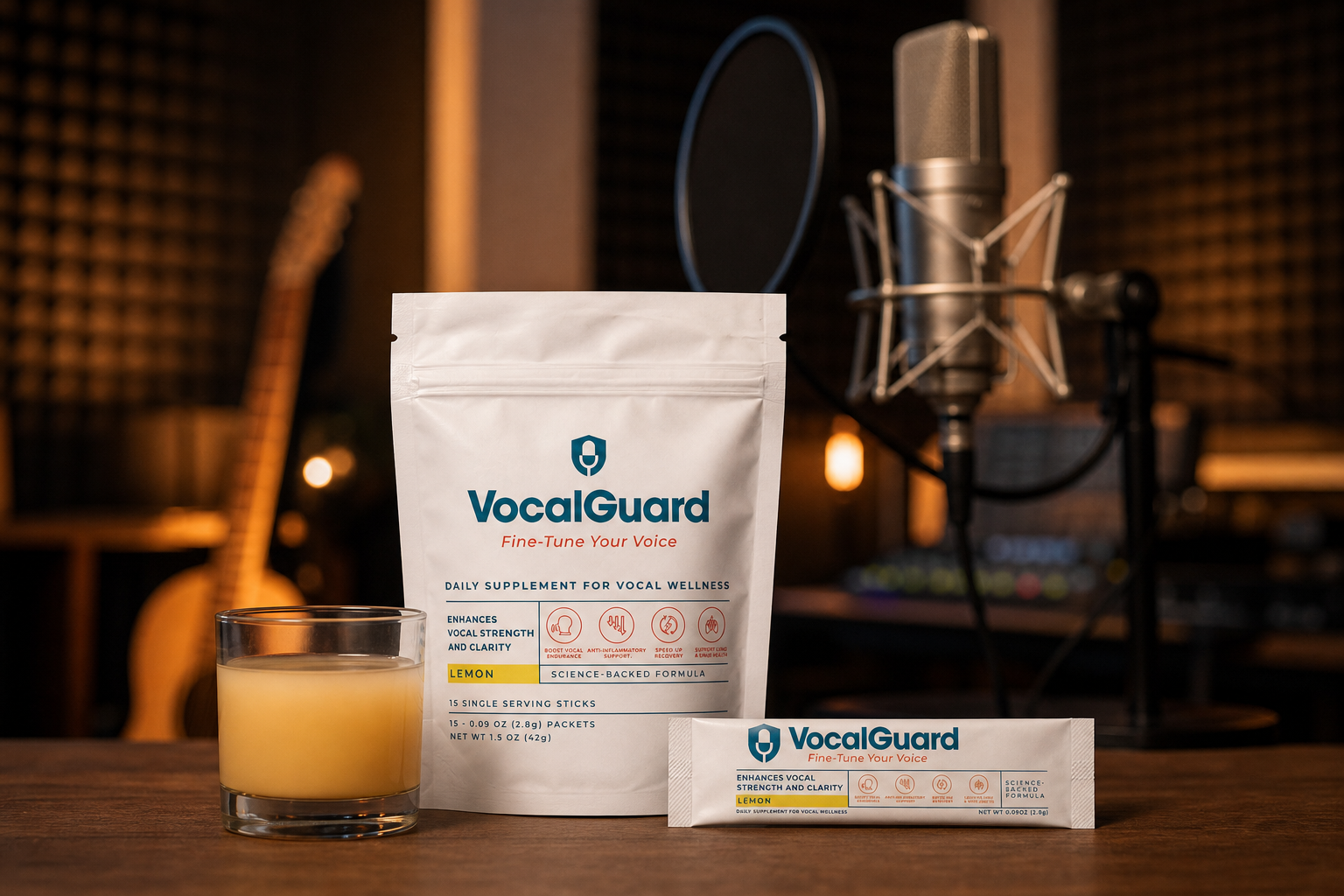VocalGuard daily vocal supplement pouch beside a studio condenser microphone.