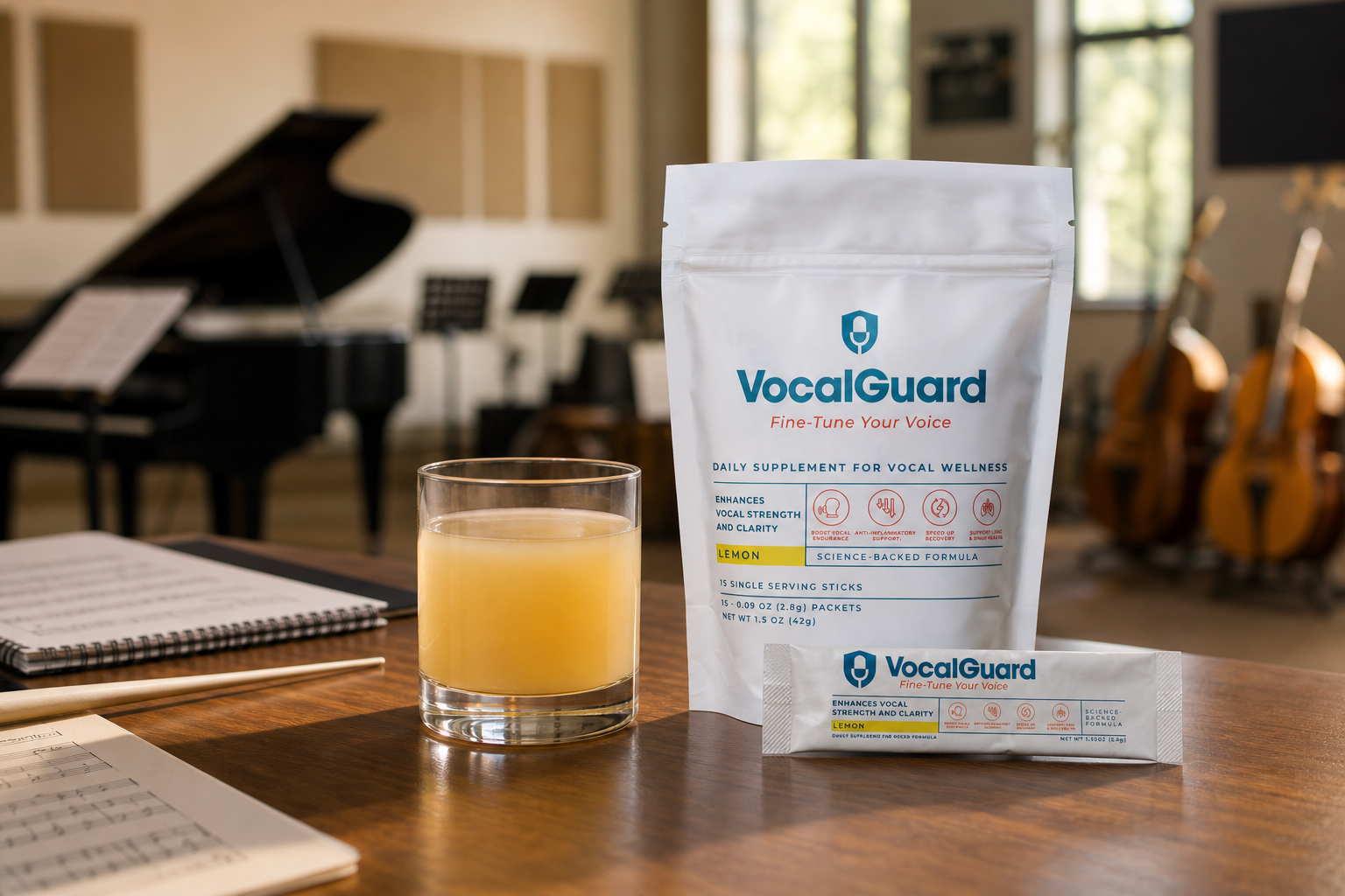 VocalGuard lemon vocal-wellness supplement pouch and single-serving stick on a rehearsal-room table.