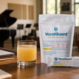 VocalGuard lemon vocal-wellness supplement pouch and single-serving stick on a rehearsal-room table.