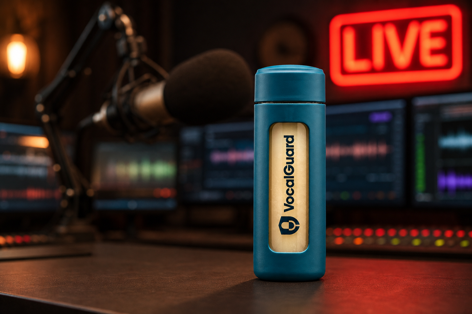 VocalGuard insulated bottle in a live broadcast studio.