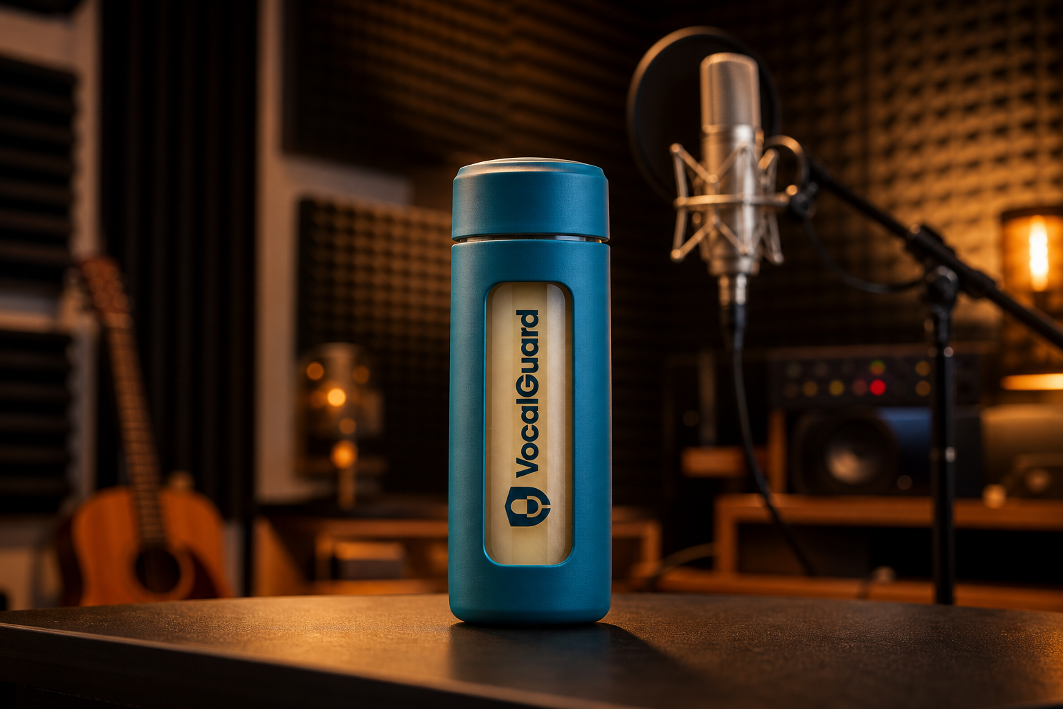 VocalGuard windowed bottle beside a studio microphone.