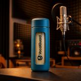 VocalGuard windowed bottle beside a studio microphone.
