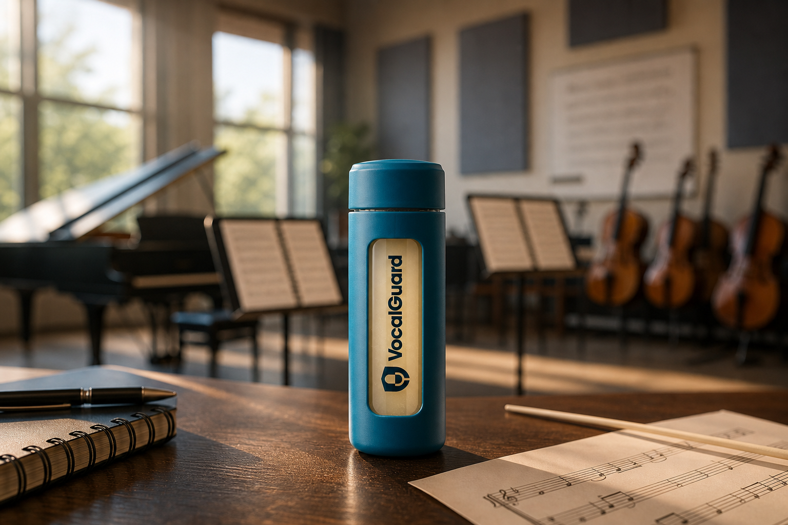 VocalGuard insulated bottle with window logo on a sunlit rehearsal-room table.