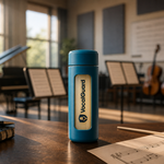 VocalGuard insulated bottle with window logo on a sunlit rehearsal-room table.