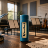 VocalGuard insulated bottle with window logo on a sunlit rehearsal-room table.