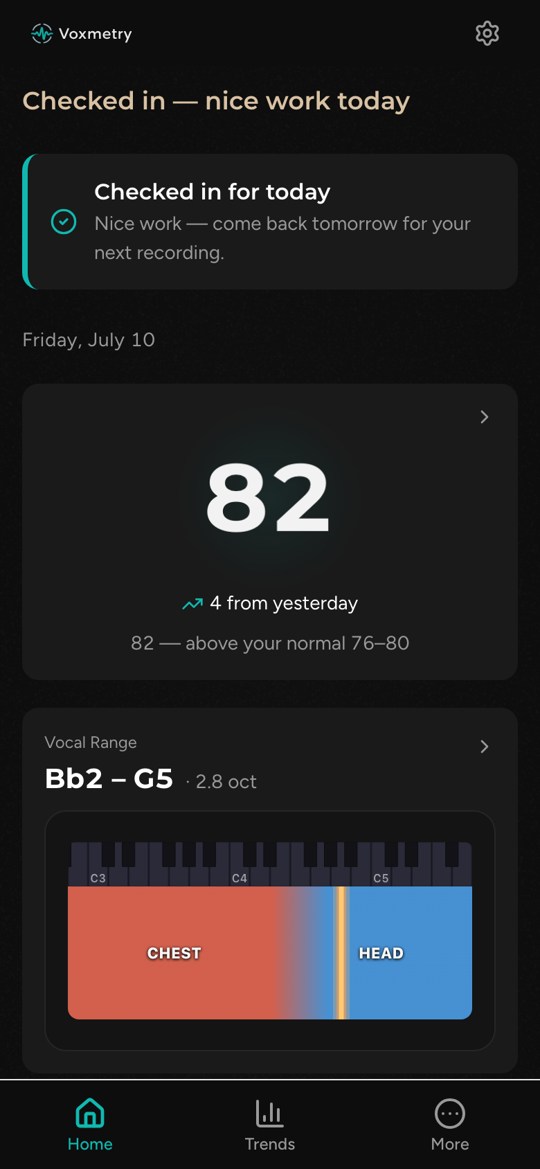 Voxmetry app home screen — Vocal Clarity Score 82, D4-G4 range map